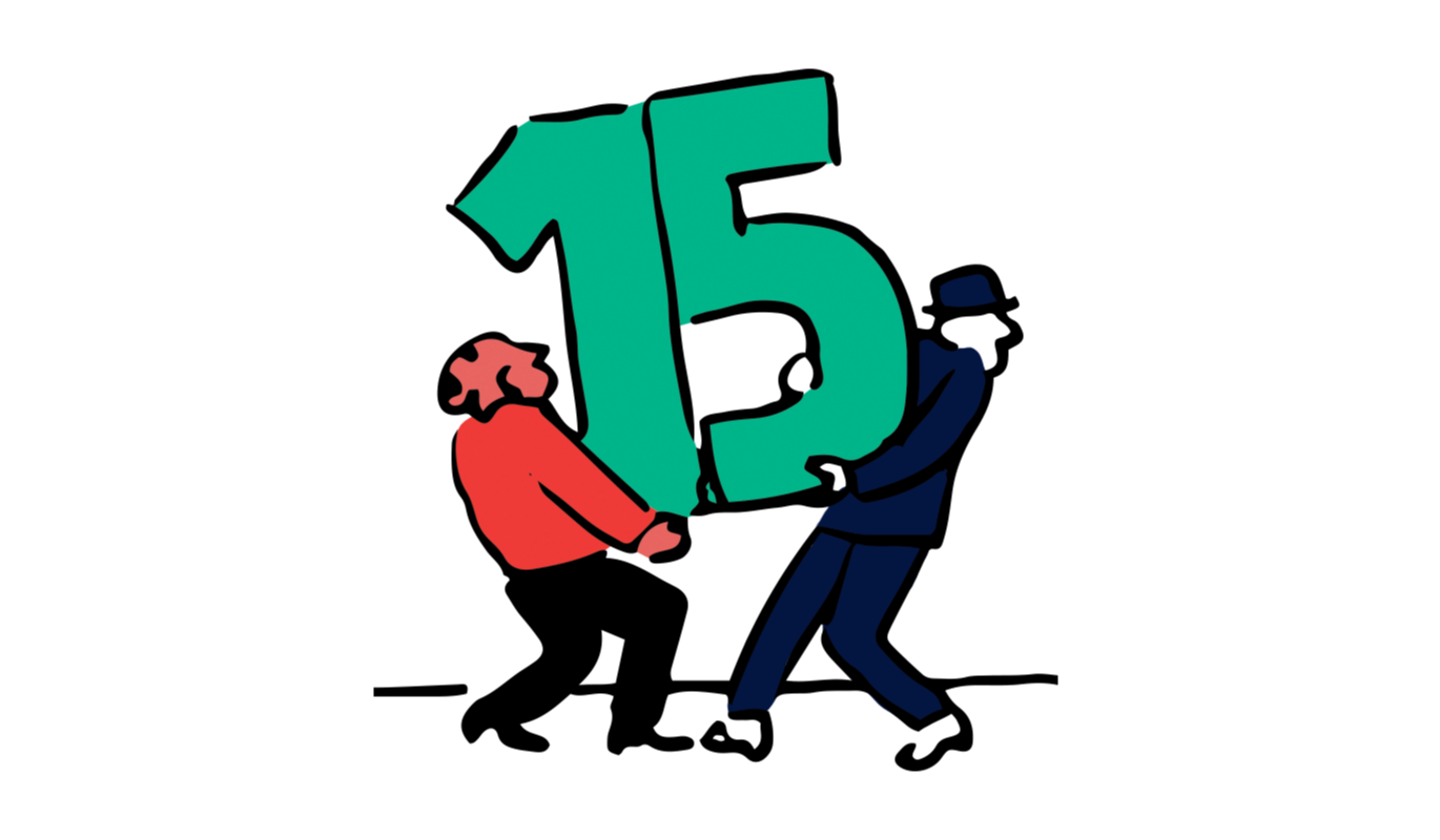 Cartoon image of two people carrying a big number 15