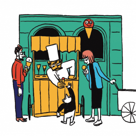 cartoon image of multiple people standing around a small chef stand