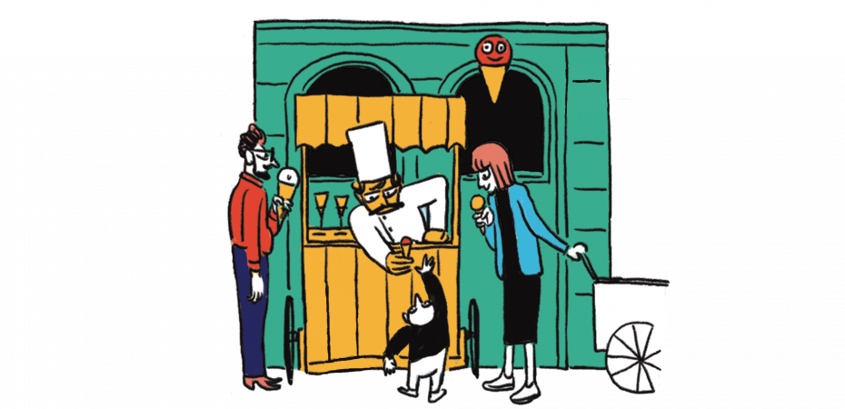cartoon image of multiple people standing around a small chef stand