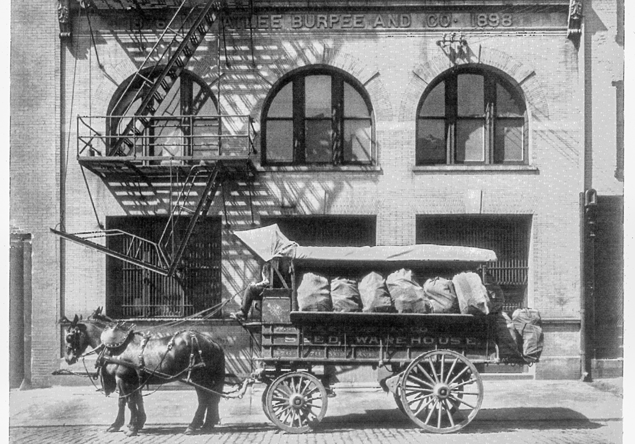 Horse-drawn delivery wagon outside the W. Atlee Burpee & Co. warehouse in Philadelphia, 1898. Courtesy Burpee Archives.